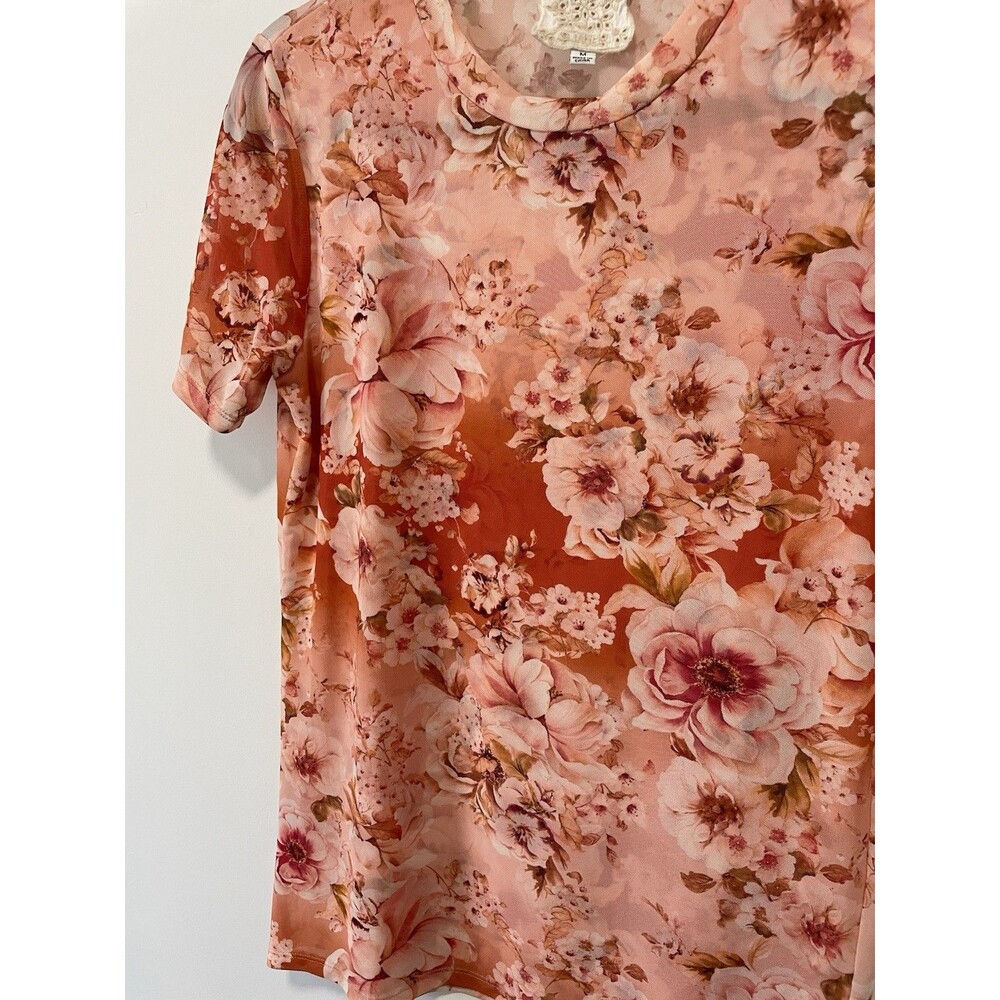 Johnny Was Jade Top Womens M Pink Floral Mesh Sheer Colorful Art To Wear - Picture 2 of 6